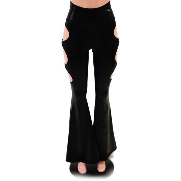 Black Mystique High Waist Solar Flares with Triple Cutouts and O - rings - Coquetry Clothing