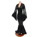Black Mystique Metallic Morticia Puddle Train Gown with V Neck and Pointy Sleeves - Coquetry Clothing