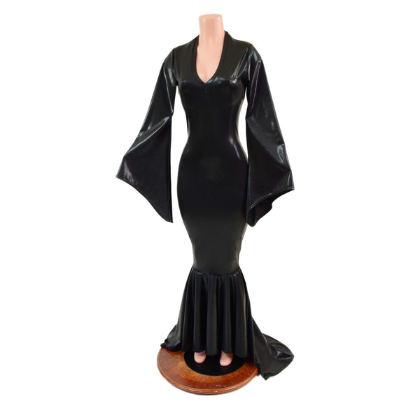 Black Mystique Metallic Morticia Puddle Train Gown with V Neck and Pointy Sleeves - Coquetry Clothing