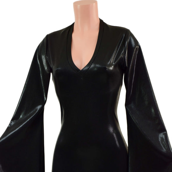 Black Mystique Metallic Morticia Puddle Train Gown with V Neck and Pointy Sleeves - Coquetry Clothing