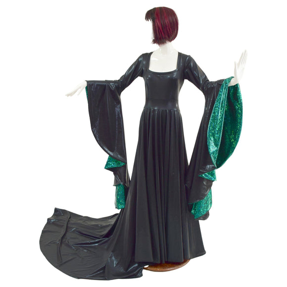 Black Mystique Puddle Train Gown with Sorceress Sleeves lined in Green Kaleidoscope - Coquetry Clothing