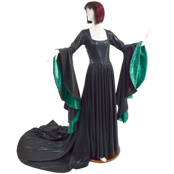 Black Mystique Puddle Train Gown with Sorceress Sleeves lined in Green Kaleidoscope - Coquetry Clothing