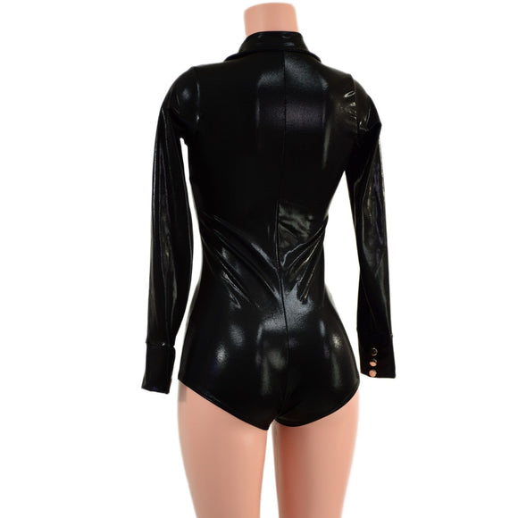 Black Mystique Rodeo Romper with Snap Cuffs and Boy Cut Leg - Coquetry Clothing