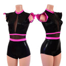 Black Mystique Romper with Inset Mesh Keyhole Neckline and Flip Sleeves - Coquetry Clothing