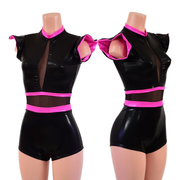 Black Mystique Romper with Inset Mesh Keyhole Neckline and Flip Sleeves - Coquetry Clothing