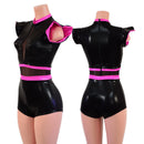 Black Mystique Romper with Inset Mesh Keyhole Neckline and Flip Sleeves - Coquetry Clothing