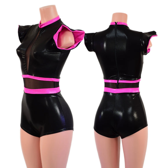 Black Mystique Romper with Inset Mesh Keyhole Neckline and Flip Sleeves - Coquetry Clothing
