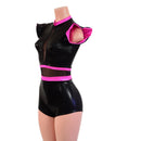Black Mystique Romper with Inset Mesh Keyhole Neckline and Flip Sleeves - Coquetry Clothing