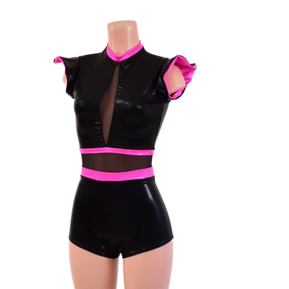 Black Mystique Romper with Inset Mesh Keyhole Neckline and Flip Sleeves - Coquetry Clothing