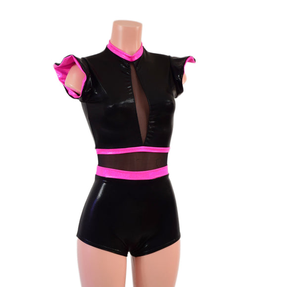 Black Mystique Romper with Inset Mesh Keyhole Neckline and Flip Sleeves - Coquetry Clothing