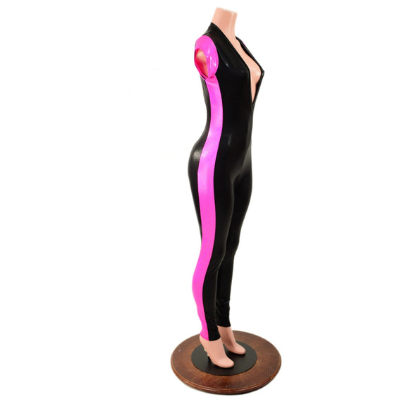 Black Mystique Side Panel Catsuit with Plunging V Neckline - Coquetry Clothing