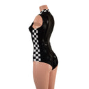 Black Mystique Sleeveless Stella Romper with Checkered Side Panels and Collar - Coquetry Clothing