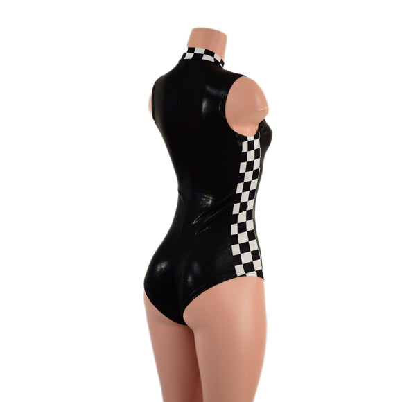 Black Mystique Sleeveless Stella Romper with Checkered Side Panels and Collar - Coquetry Clothing