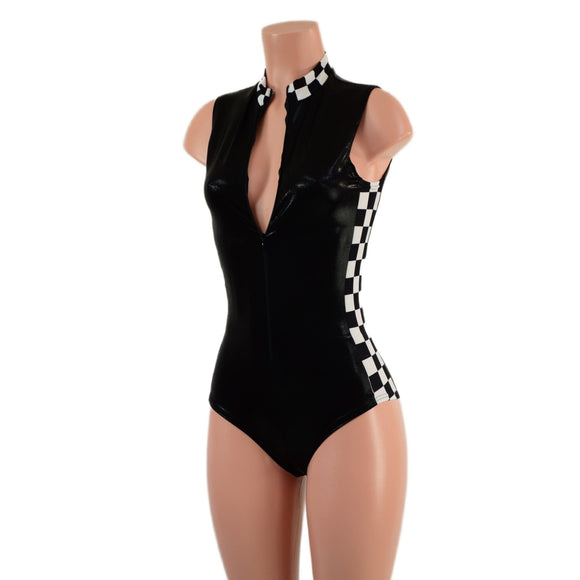 Black Mystique Sleeveless Stella Romper with Checkered Side Panels and Collar - Coquetry Clothing