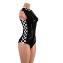 Black Mystique Sleeveless Stella Romper with Checkered Side Panels and Collar - Coquetry Clothing