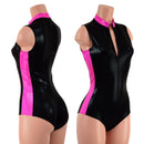 Black Mystique Stella Romper with Neon Pink Side Panels and Collar - Coquetry Clothing
