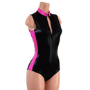 Black Mystique Stella Romper with Neon Pink Side Panels and Collar - Coquetry Clothing