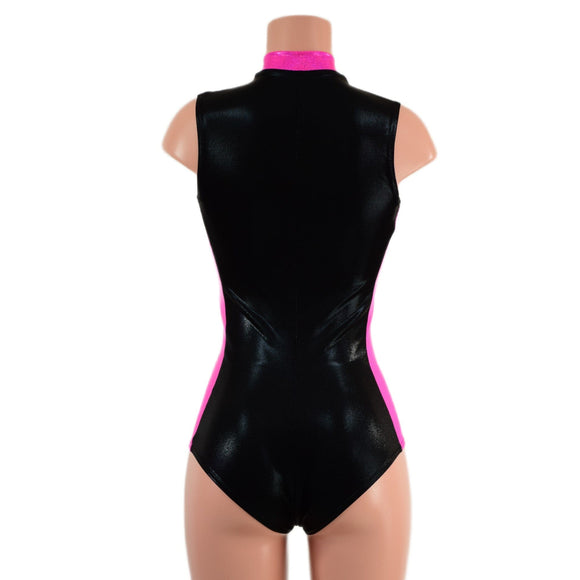 Black Mystique Stella Romper with Neon Pink Side Panels and Collar - Coquetry Clothing