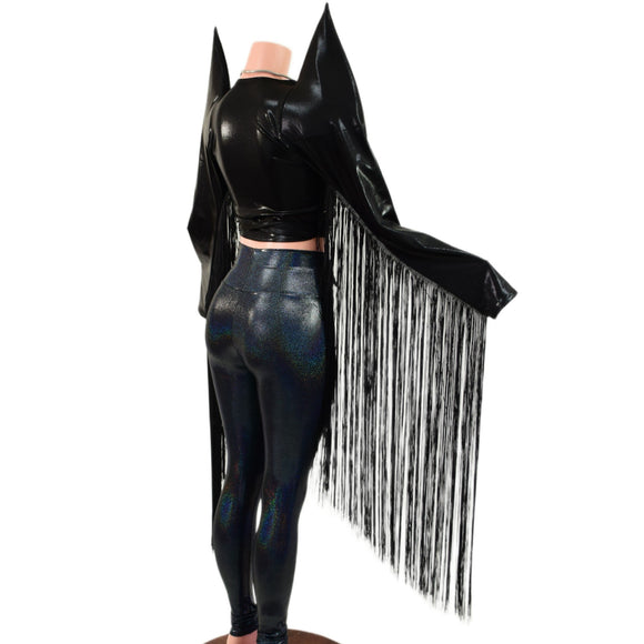 Black Mystique Wrap and Tie Top with Mega Sharp Shoulders & 30" Fringe (Top Only) - Coquetry Clothing