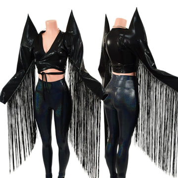 Black Mystique Wrap and Tie Top with Mega Sharp Shoulders & 30" Fringe (Top Only) - Coquetry Clothing
