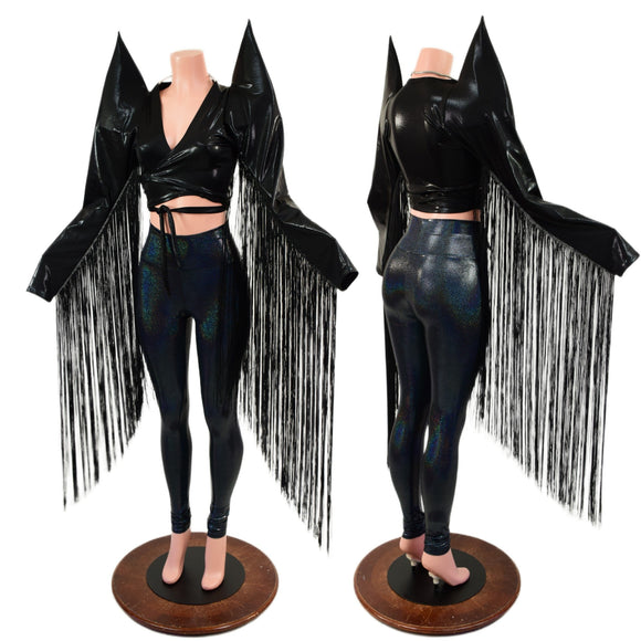 Black Mystique Wrap and Tie Top with Mega Sharp Shoulders & 30" Fringe (Top Only) - Coquetry Clothing