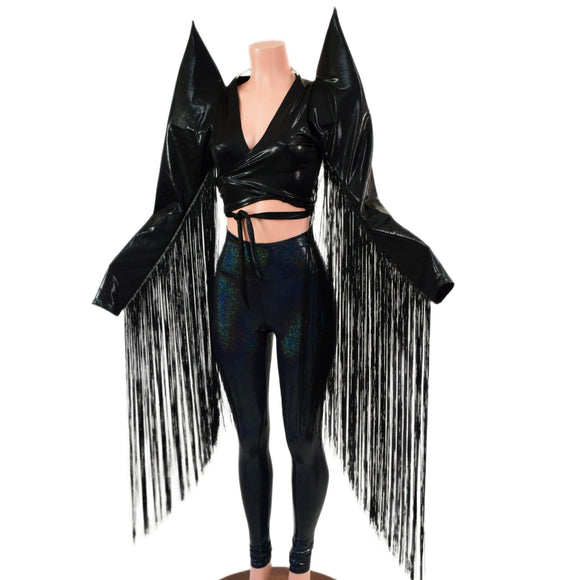 Black Mystique Wrap and Tie Top with Mega Sharp Shoulders & 30" Fringe (Top Only) - Coquetry Clothing