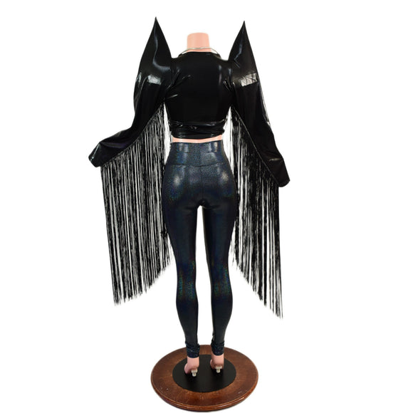 Black Mystique Wrap and Tie Top with Mega Sharp Shoulders & 30" Fringe (Top Only) - Coquetry Clothing