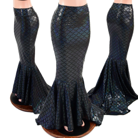 Black Scale High Waist Mermaid Skirt with Puddle Train - Coquetry Clothing