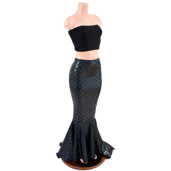 Black Scale High Waist Mermaid Skirt with Puddle Train - Coquetry Clothing