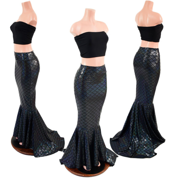 Black Scale High Waist Mermaid Skirt with Puddle Train - Coquetry Clothing
