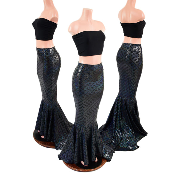Black Scale High Waist Mermaid Skirt with Puddle Train - Coquetry Clothing