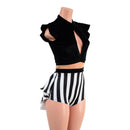 Black Velvet and Stripes Romper with Keyhole Neckline and Mini Tux Back Tails - Coquetry Clothing