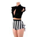 Black Velvet and Stripes Romper with Keyhole Neckline and Mini Tux Back Tails - Coquetry Clothing