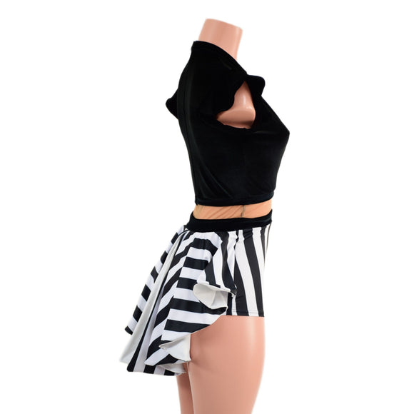 Black Velvet and Stripes Romper with Keyhole Neckline and Mini Tux Back Tails - Coquetry Clothing
