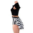 Black Velvet and Stripes Romper with Keyhole Neckline and Mini Tux Back Tails - Coquetry Clothing