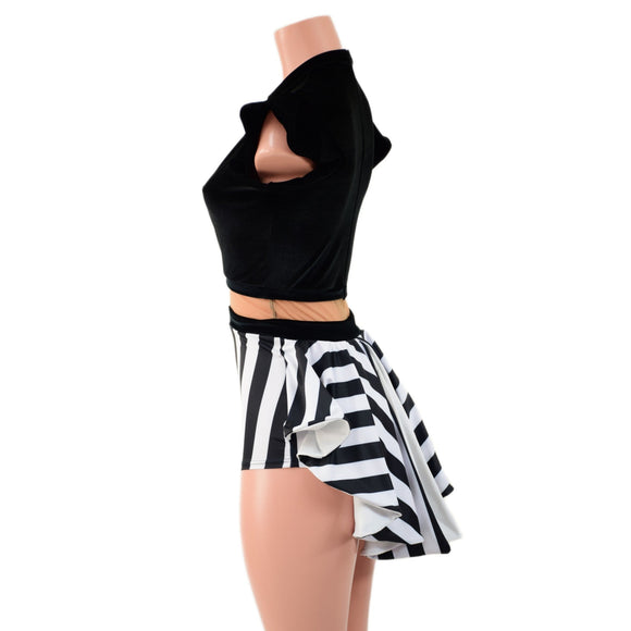 Black Velvet and Stripes Romper with Keyhole Neckline and Mini Tux Back Tails - Coquetry Clothing