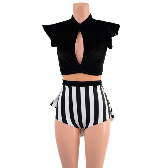 Black Velvet and Stripes Romper with Keyhole Neckline and Mini Tux Back Tails - Coquetry Clothing