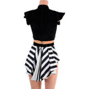 Black Velvet and Stripes Romper with Keyhole Neckline and Mini Tux Back Tails - Coquetry Clothing