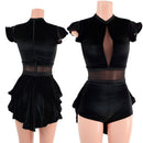 Black Velvet Romper with Inset Mesh Keyhole Neckline and Mini Tux Back Tails - Coquetry Clothing