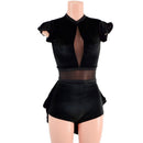 Black Velvet Romper with Inset Mesh Keyhole Neckline and Mini Tux Back Tails - Coquetry Clothing