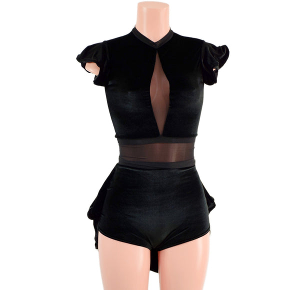 Black Velvet Romper with Inset Mesh Keyhole Neckline and Mini Tux Back Tails - Coquetry Clothing