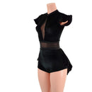 Black Velvet Romper with Inset Mesh Keyhole Neckline and Mini Tux Back Tails - Coquetry Clothing