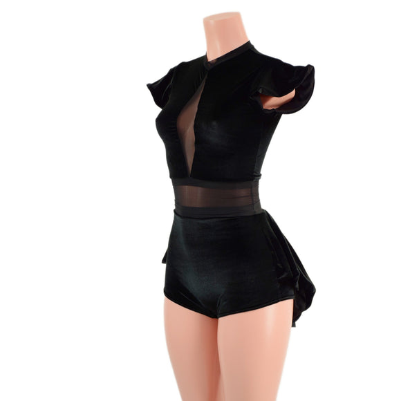 Black Velvet Romper with Inset Mesh Keyhole Neckline and Mini Tux Back Tails - Coquetry Clothing