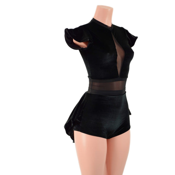Black Velvet Romper with Inset Mesh Keyhole Neckline and Mini Tux Back Tails - Coquetry Clothing