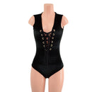 Black Velvet Sleeveless Romper with Plunging Laceup Neckline - Coquetry Clothing