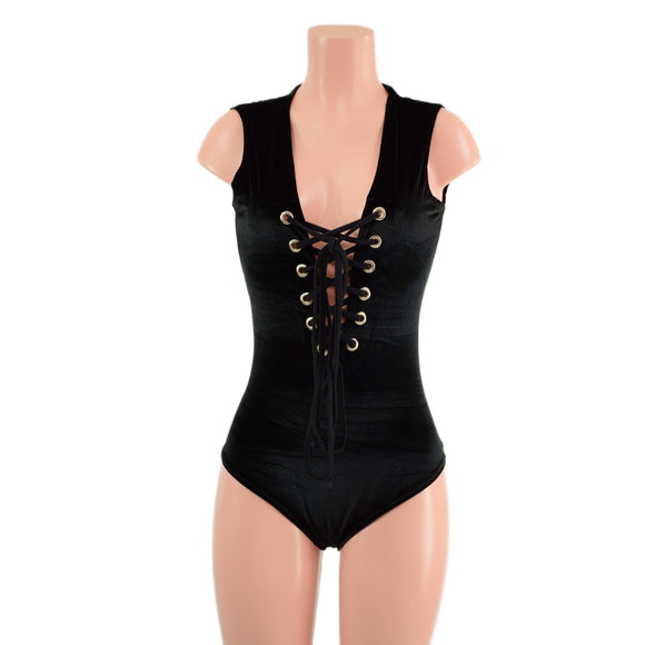 Black Velvet Sleeveless Romper with Plunging Laceup Neckline - Coquetry Clothing