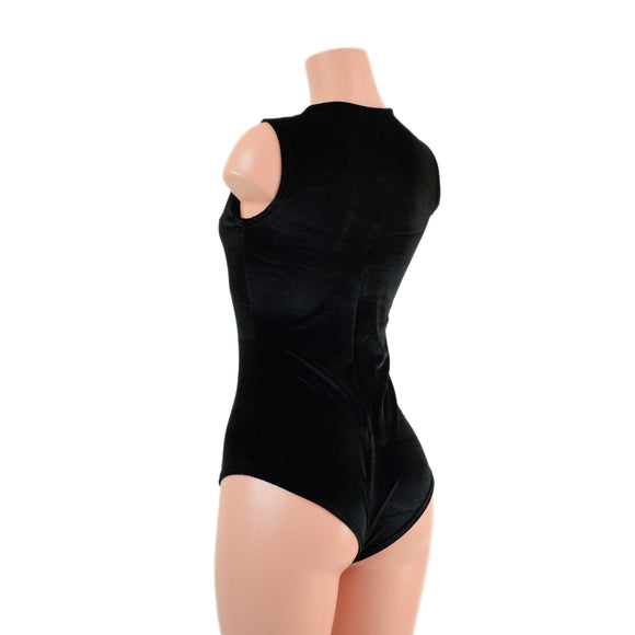 Black Velvet Sleeveless Romper with Plunging Laceup Neckline - Coquetry Clothing