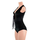 Black Velvet Sleeveless Romper with Plunging Laceup Neckline - Coquetry Clothing