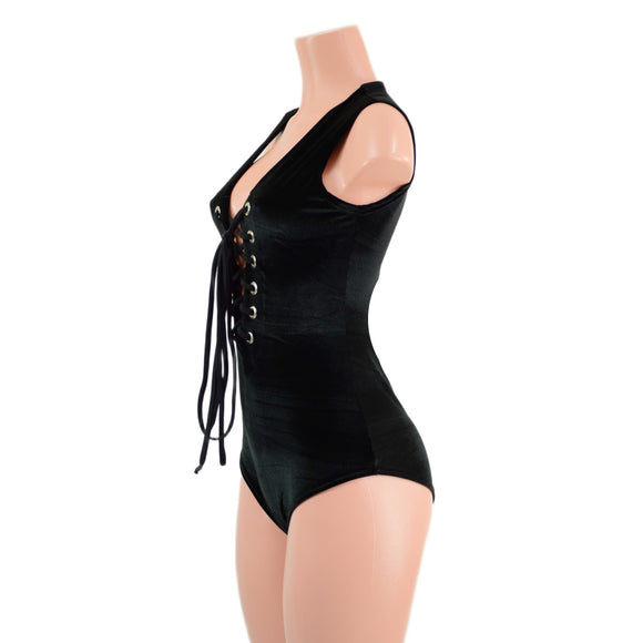 Black Velvet Sleeveless Romper with Plunging Laceup Neckline - Coquetry Clothing