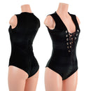 Black Velvet Sleeveless Romper with Plunging Laceup Neckline - Coquetry Clothing